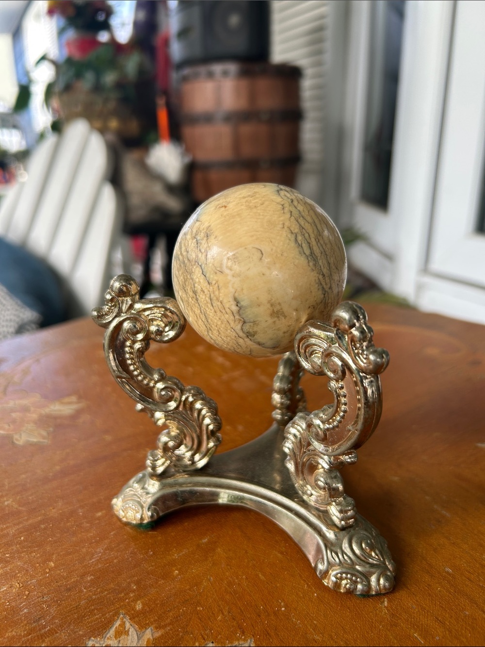 Vintage Ornate Gold Sphere Stand with Beige Marble Globe